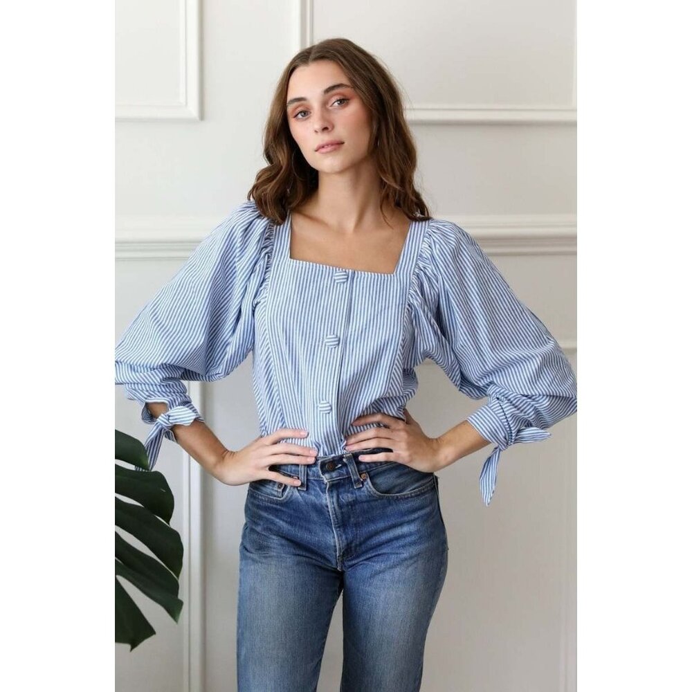 Mille Alma Blue Stripe Square Neck Button Down‎ Blouse Size XS